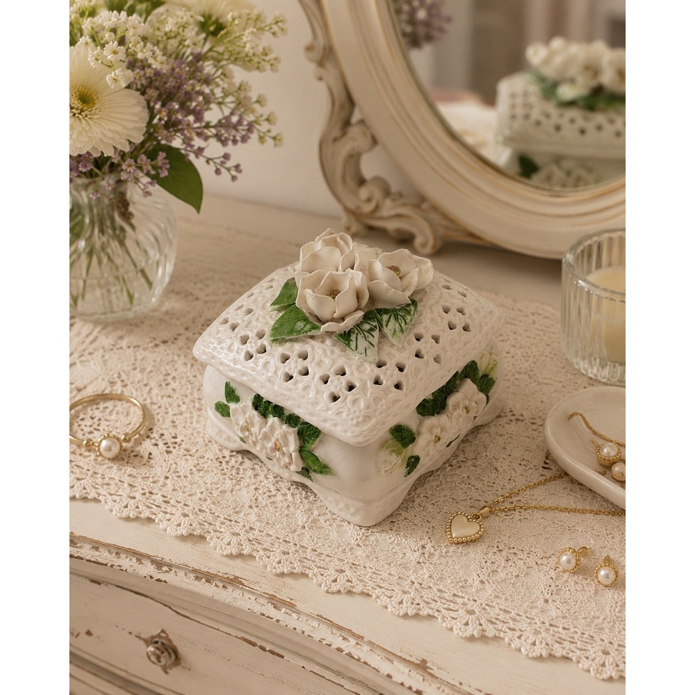 Tradewind Bay Botanicals Porcelain Floral Trinket Box Pierced Lid Cottagecore‎